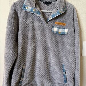 Simply Southern Gray Sweater with Blue Plaid Trim